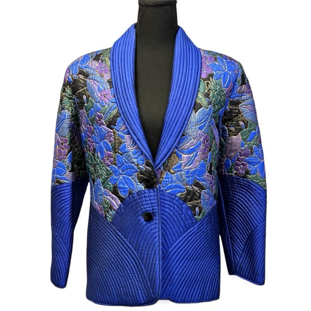 THAI SILK Women’s Jacket Size 14 Blue Floral Quilted Silk Button Up